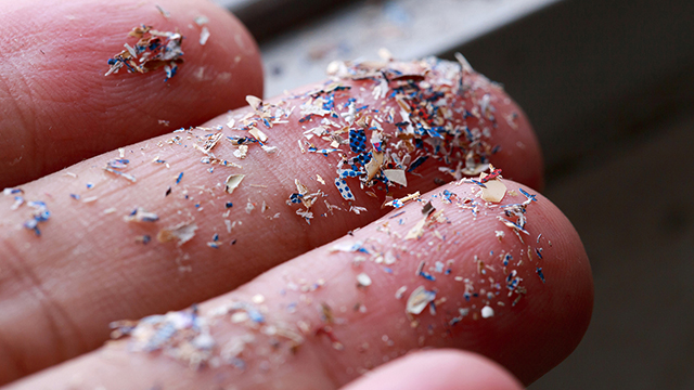 Fingers covered in tiny pieces of plastic.