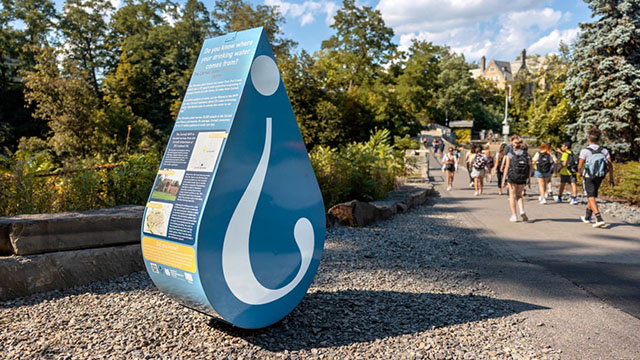 A water drop shaped structure printed with text and pictures with an upside down question mark on the side.