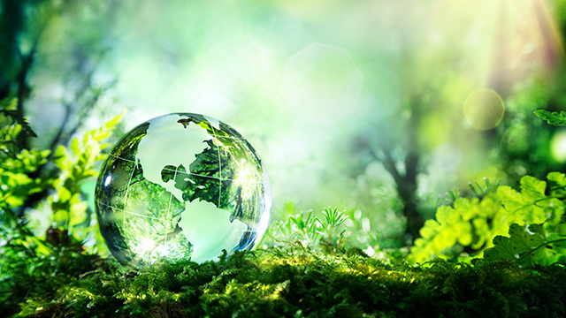 A rendering of a green landscape with a glass globe.