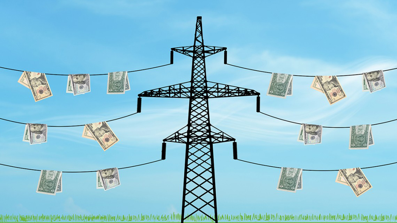 A rendering of money hanging from power lines.