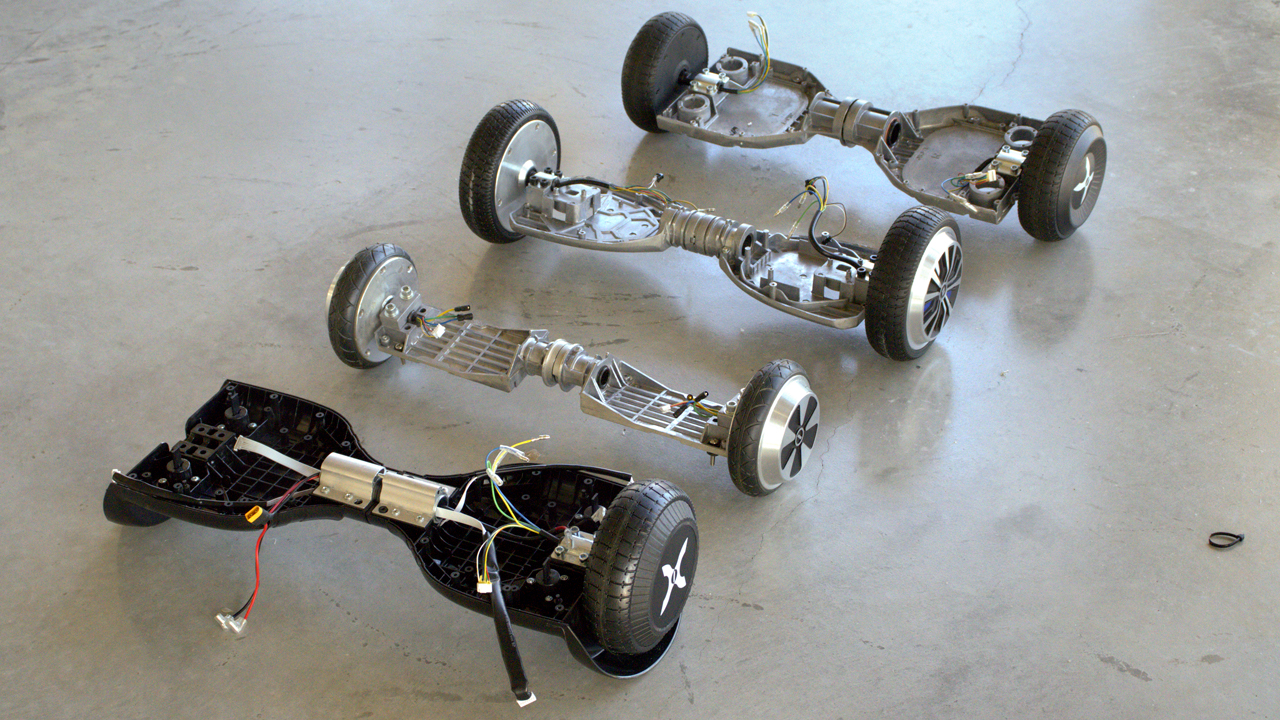 Hoverboard frames varying in style, rigidity and strength across models.