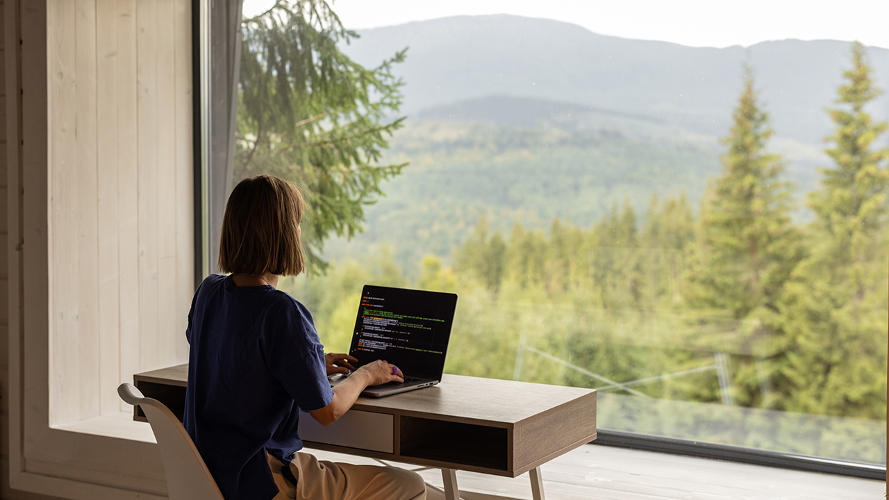 A person working on a laptop at home while looking out a window at nature.